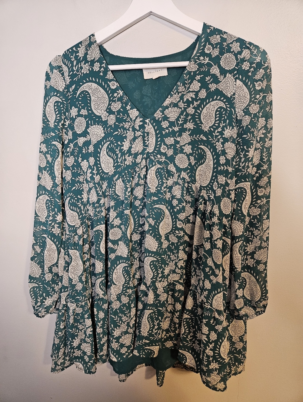 Melloday Green Paisley Floral Print Boho Babydoll Tunic Top Blouse V-Neck Casual